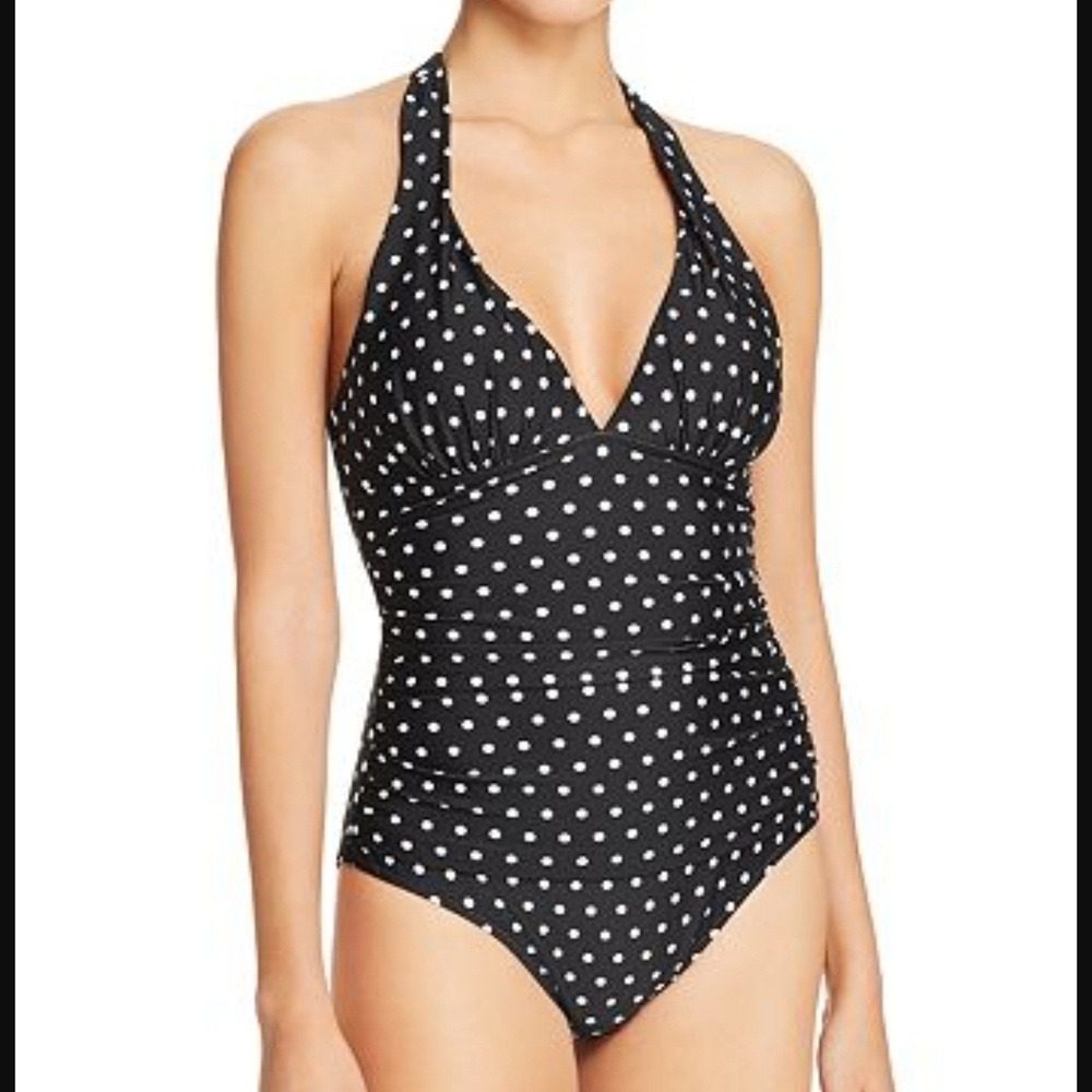 Lauren Ralph Lauren Black White Polka Dot Tie One Piece Summer Swimsuit Swim 16‎
